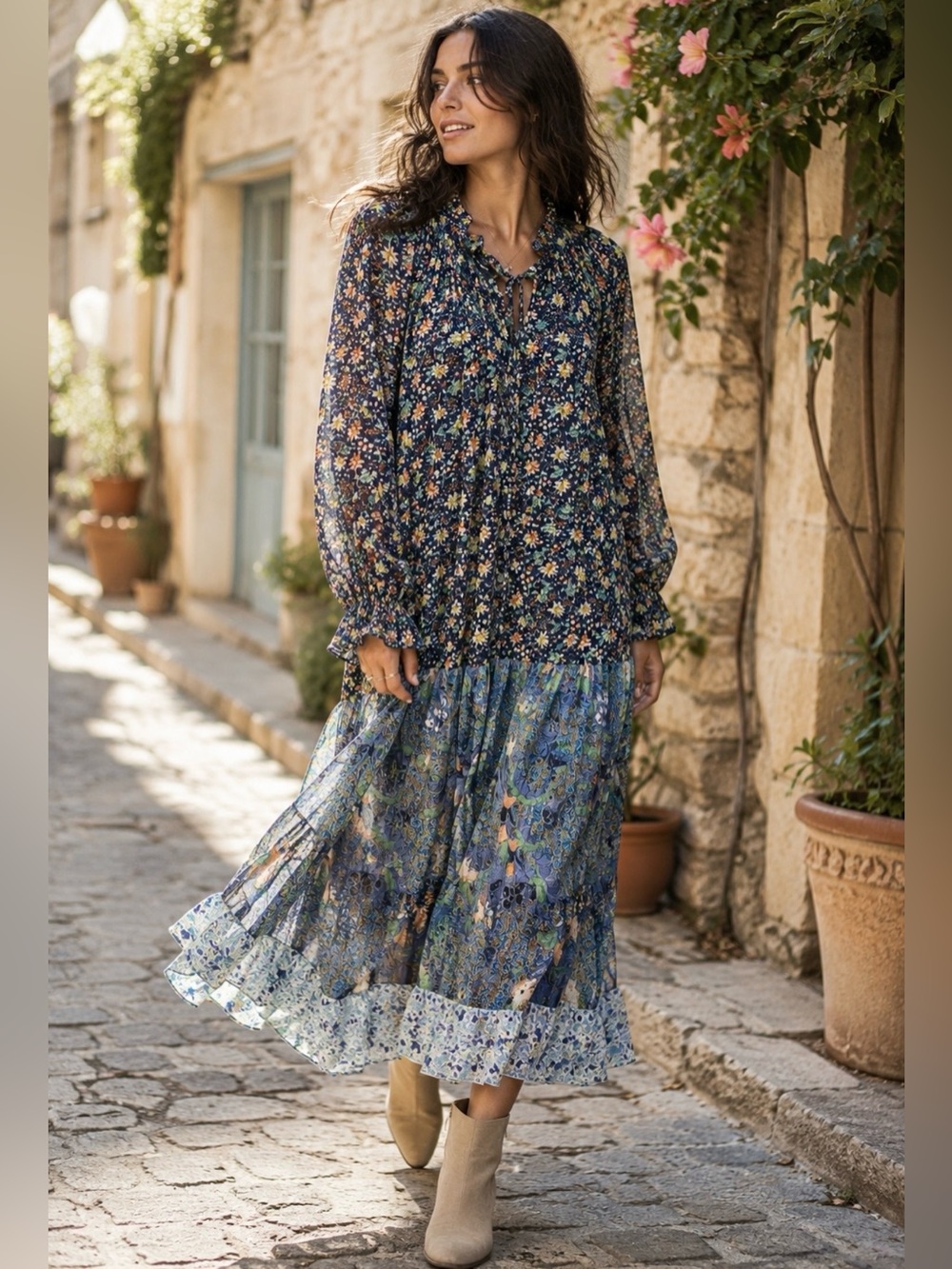 Code x Mode Floral Boho Midi Dress Ruffle Long Sleeve Semi Sheer Lagenlook XL